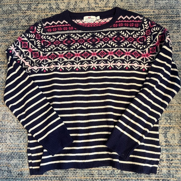 Vineyard Vines Sweaters - Vineyard Vines Navy and Pink Fair Isle Striped Sweater - Size L